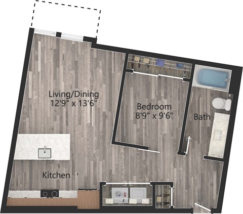Floor plan for 1 bed, 1 bath, 694 sqft
